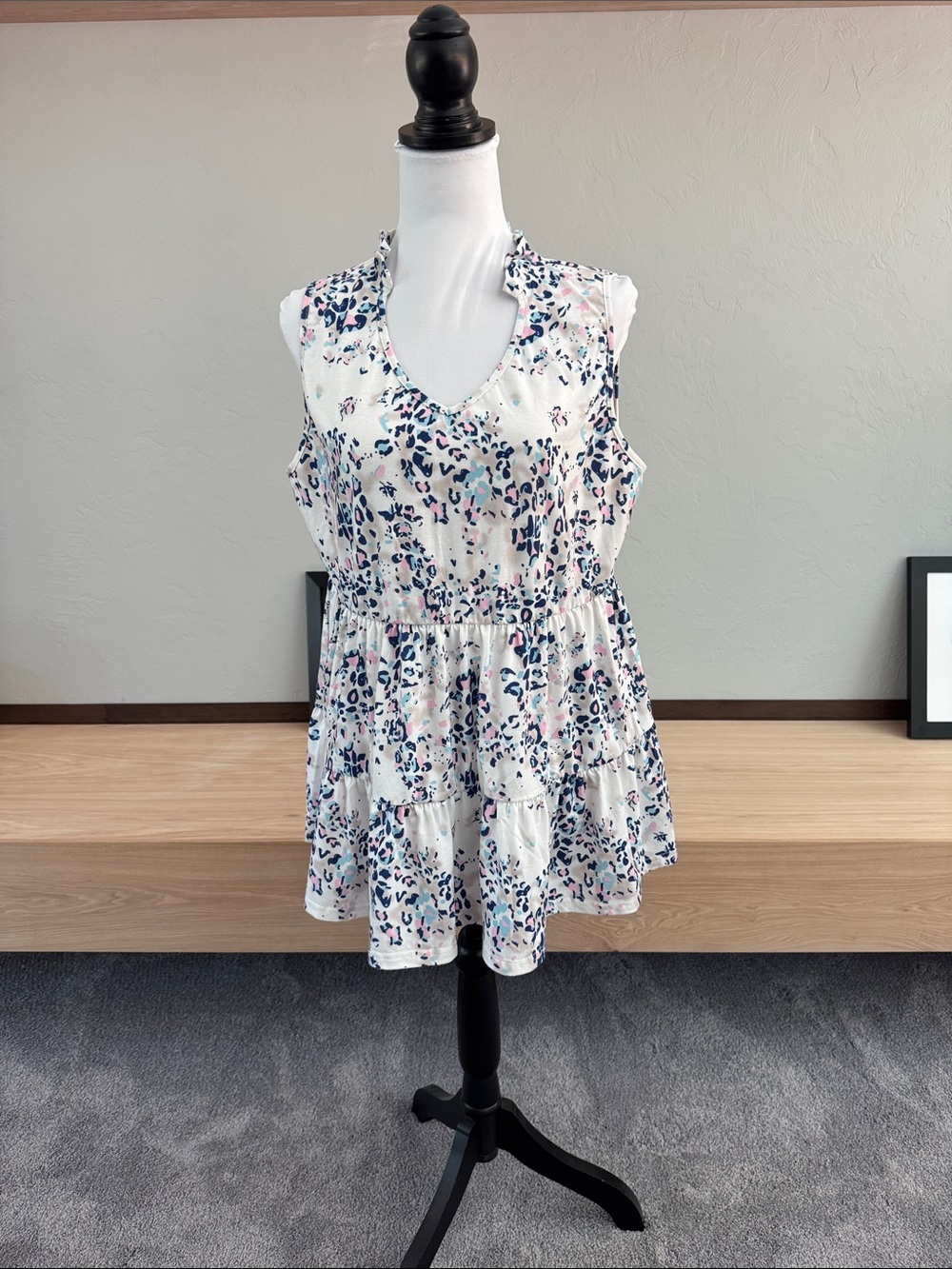 Sleeveless V-Neck Tiered Tunic in White with Blue & Pink Print